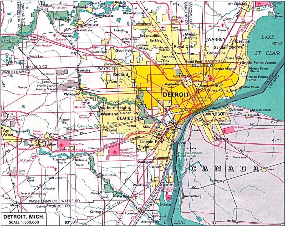 mapa de Detroit suburbios